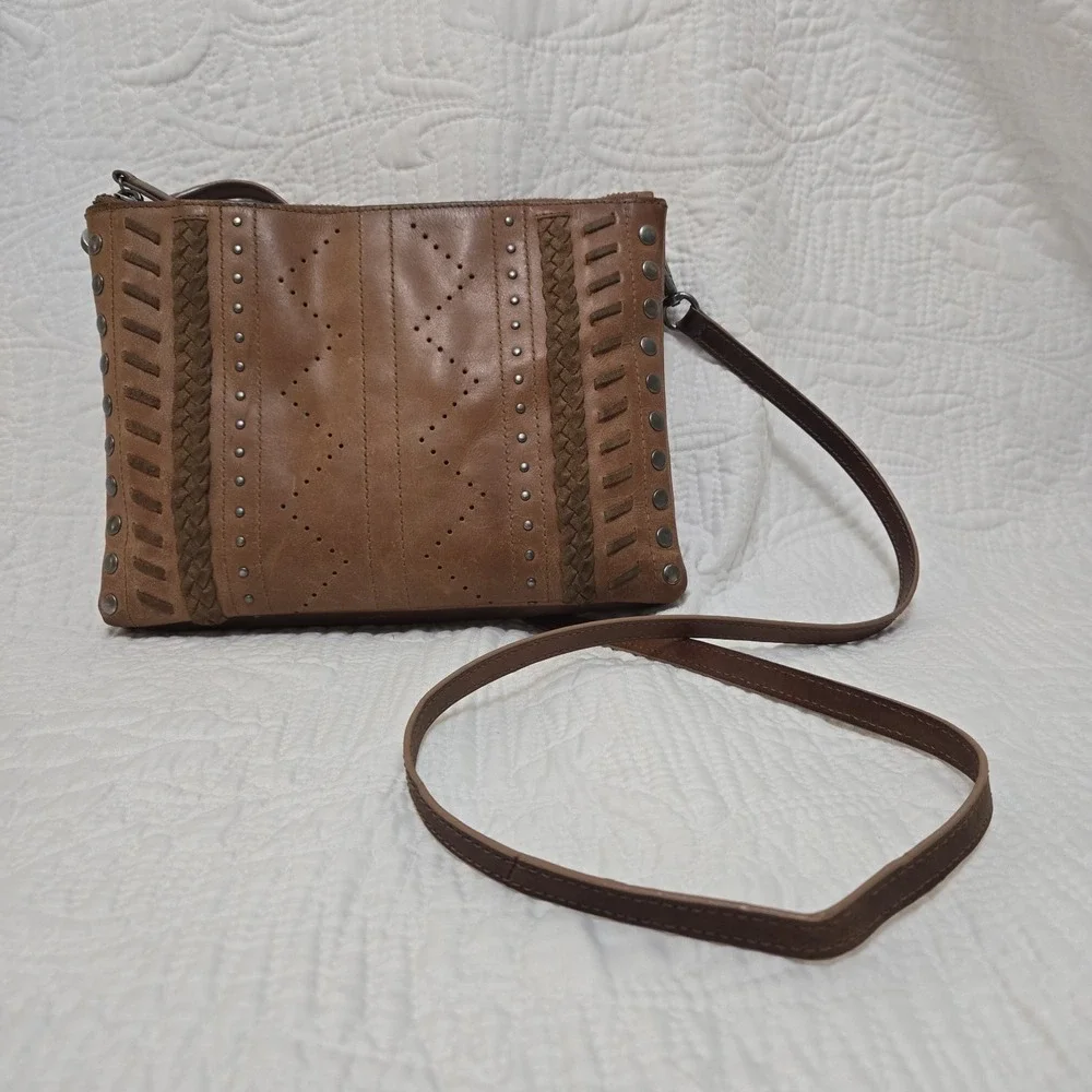 Lucky Brand Brown Leather Crossbody Bag Braided Studded Boho Triple‎ Compartment
